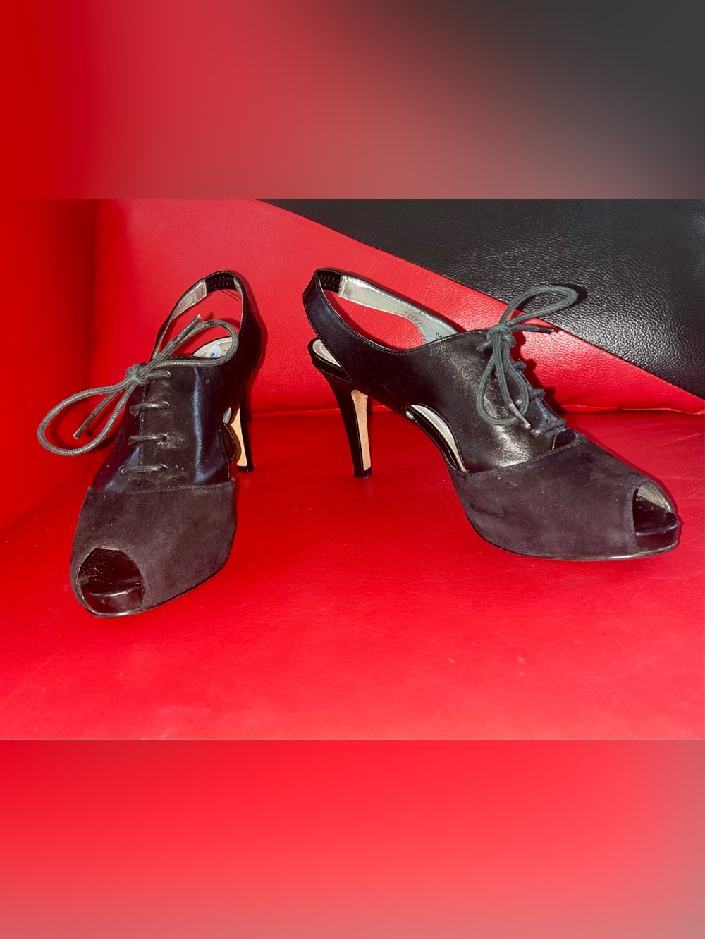 Tahari Shoes Women's Size 6.5 Black Leather Open Toe Heeled Sandals Lace-Up
